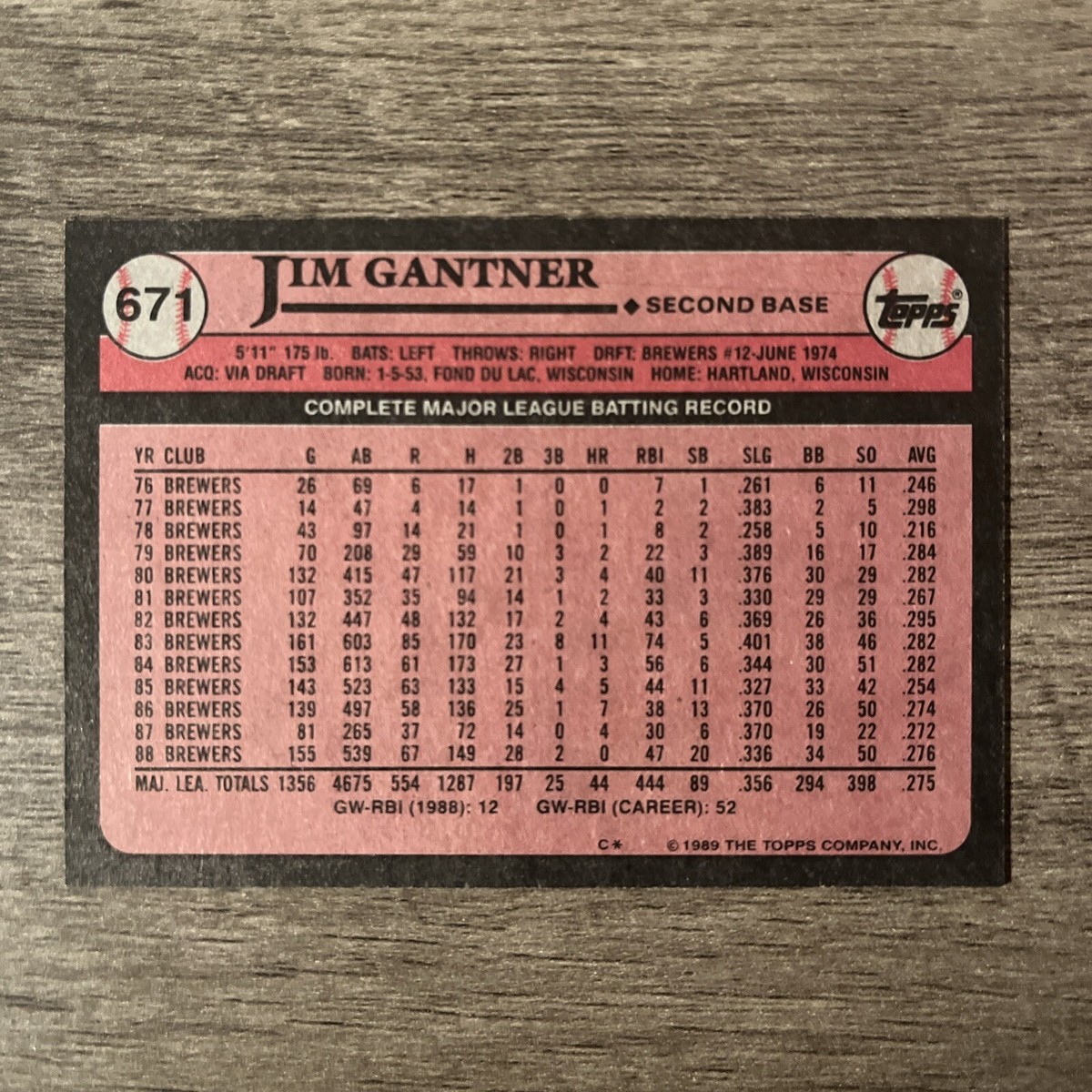 1989 Topps Baseball Card Jim Gantner Milwaukee Brewers #671 MLB | eBay