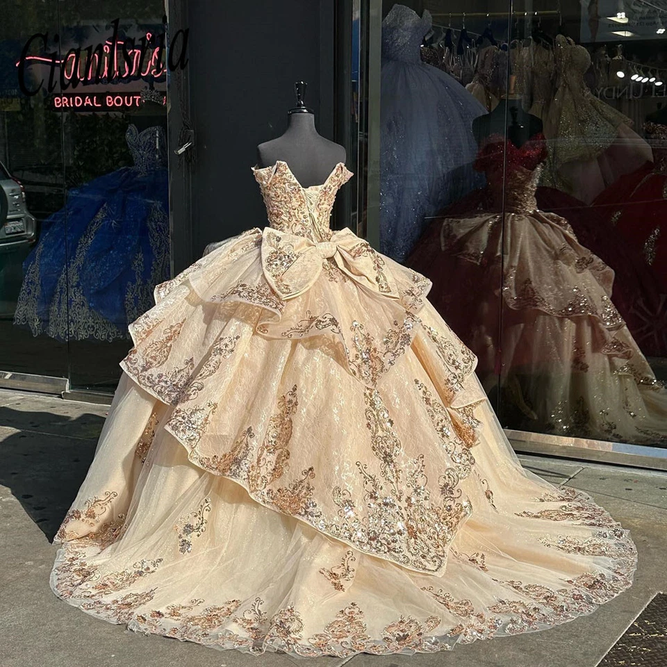 Gold Quinceanera Dresses Beaded Off The Shoulder Sweet 15 Girls Party Ball Gowns - Image 2 of 4