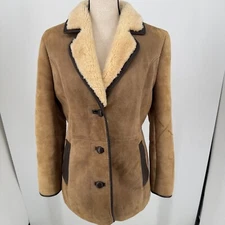 G.L. Bowron Wool-N-Suede WOMENS Brown Shearling Leather Button Close Coat 14