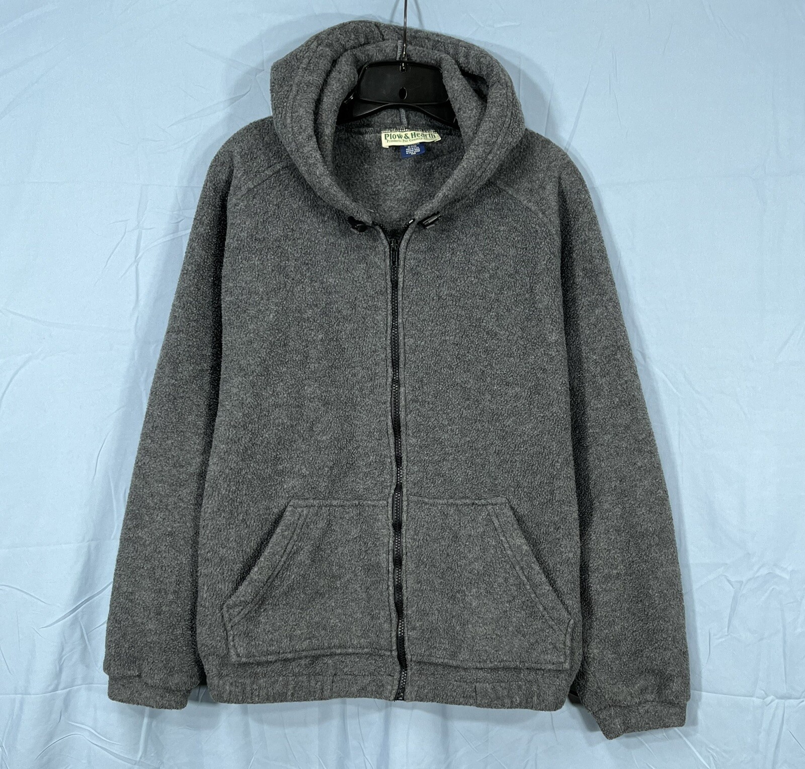 PLOW & HEARTH Mens Gray Fleece Full-Zip Banded Hem Hooded Jacket Long Sleeve