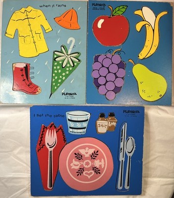 Playskool Wooden Puzzles  Favorite Fruits   I Set The Table  &  When It Rains 