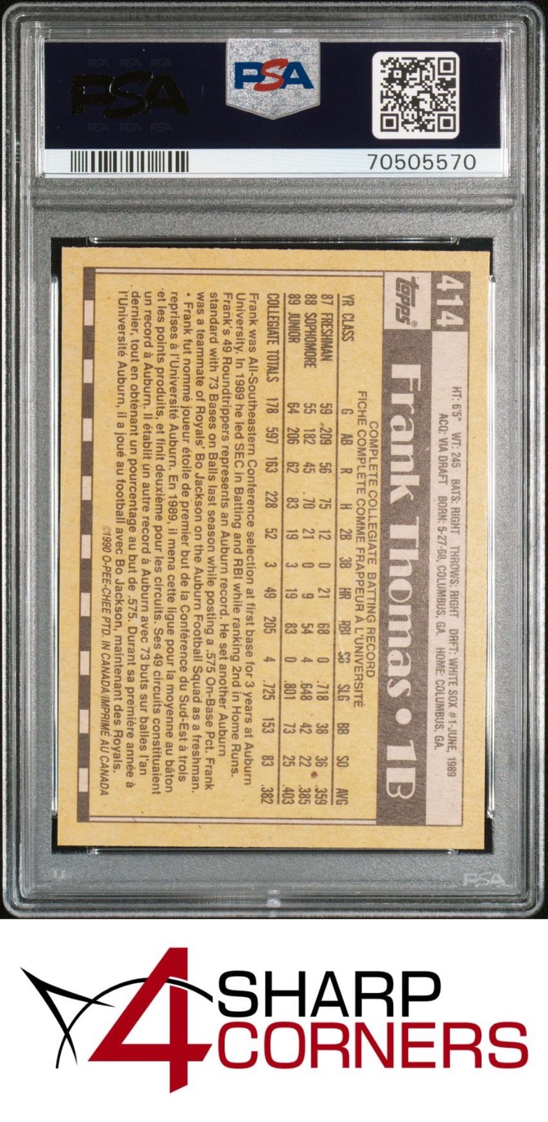 1990 O-PEE-CHEE #414 FRANK THOMAS RC HOF PSA 9 DNA AUTO 10 view 2