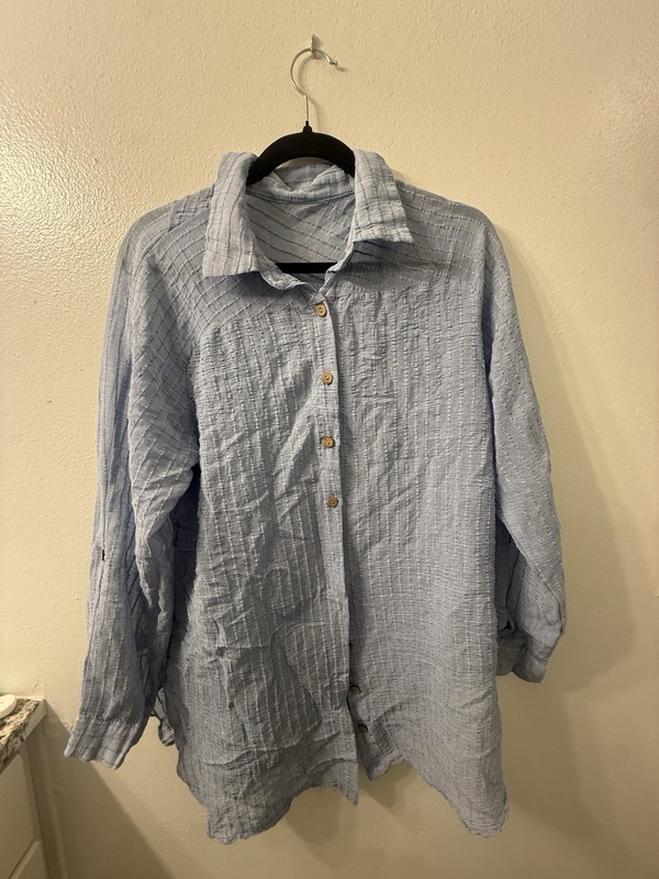 Women’s Blue Striped Collared Button-Up Long Sleeve Blouse L Viscose Blend
