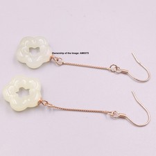 Solid 925 Sterling Silver Rose Plated Dangle Earrings Natural White Jade Flower