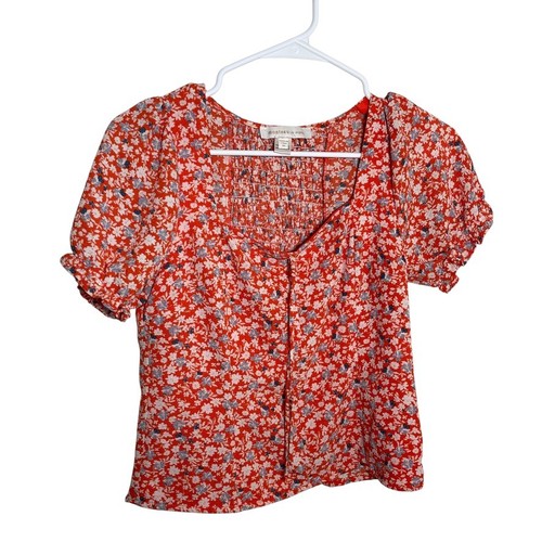 Monteau Blouse Women's Medium Floral V-Neck Short Sleeve Boho Shirt Top