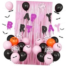 Pink Halloween Birthday Decorations,Purple HAPPY BIRTHDAY Banner Pink Black