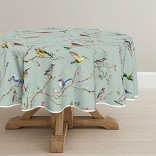 Spring Tablecloth 90 90 Inch Round, Birds Branch Green Floral Washable Seasonal
