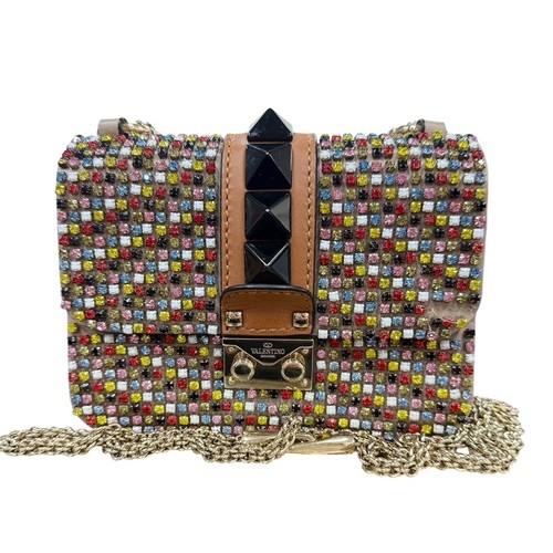 Auth Valentino Garavani Shoulder Bag Multicolor Leather/Rhinestone/Metal z10975