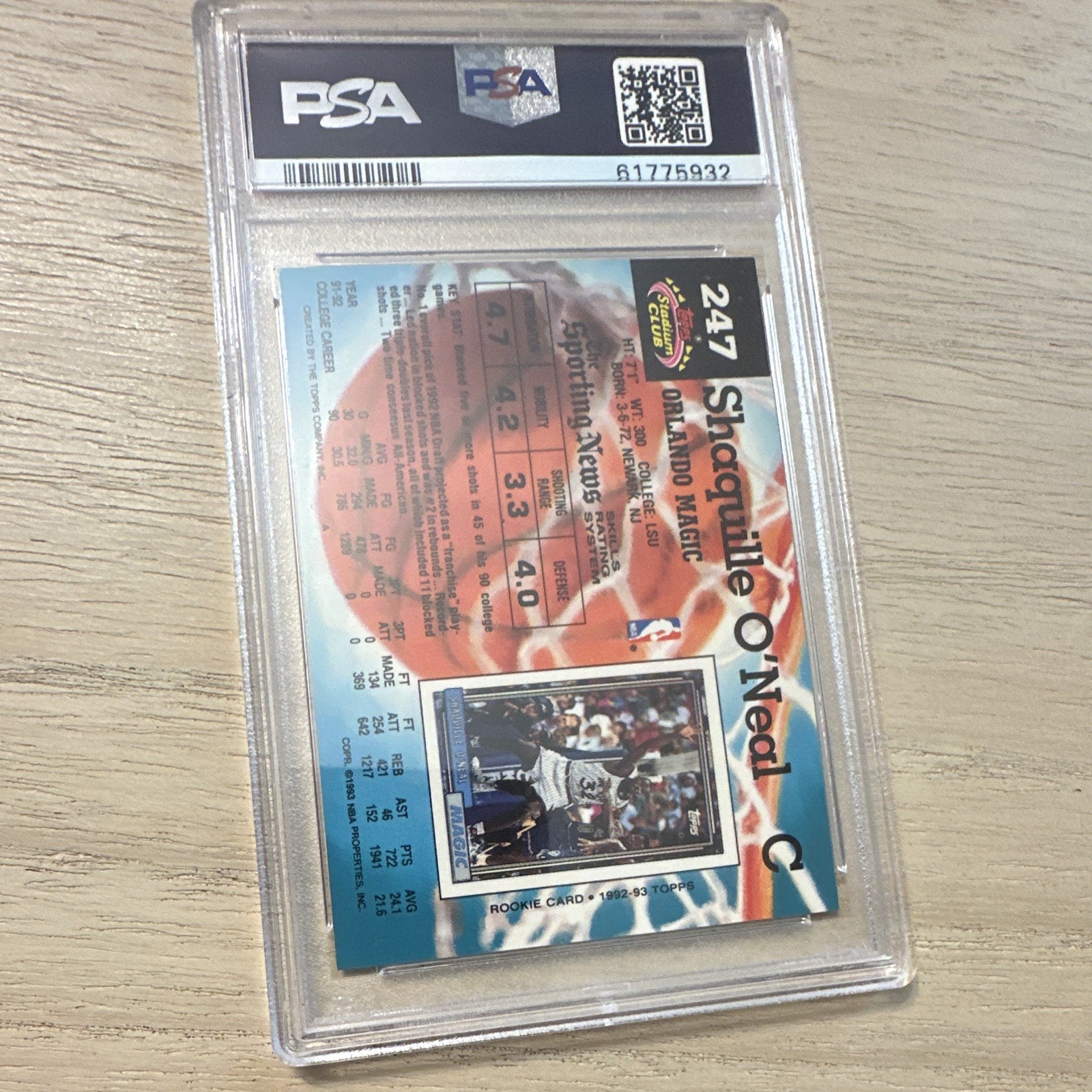 1992-93 Topps Stadium Club Shaquille O'Neal #247 (RC) PSA 9 view 2