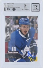 Zach Hyman Maple Leafs Signed 2016-17 Upper Deck Parkhurst BAS 9/10 Rookie Card. rookie card picture