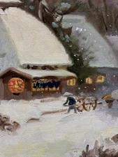 Beautiful Vintage Japanese Winter Village Oil Painting, Asian Art Decor Gifts