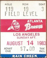 Fernando Win #46  Dodgers @ Braves 8/14/83 Ticket Stub HRs Horner and Baker