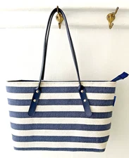 Sun N Sand Medium Blue White Straw Cotton Tote Faux Leather Strap Lined Zip Top