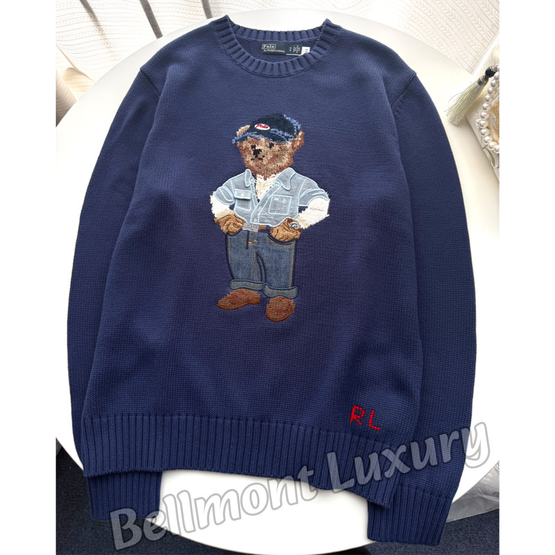 Bid POLO RALPH LAUREN Denim Polo Bear Cotton Sweater Navy Men's Medium NWT