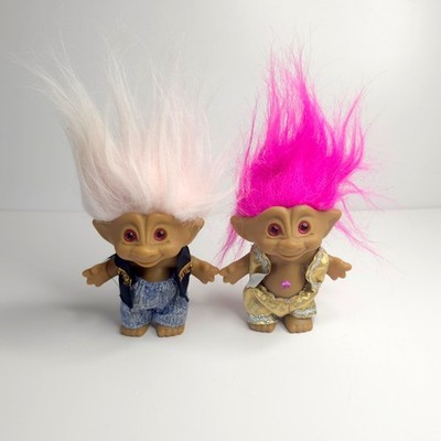 Vintage Set of 2 Pink & White Hair Jem Treasure Troll Doll Gold Outfit & Fringe