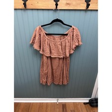 Free People Off The Shoulder Gauze Ruffle top rust Fringe Boho