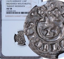 NGC AU-58 BRUNSWICK-W. GERMANY SILVER 1/24 THALER 1619 (DURANT MOD) TOP POP: 1/0