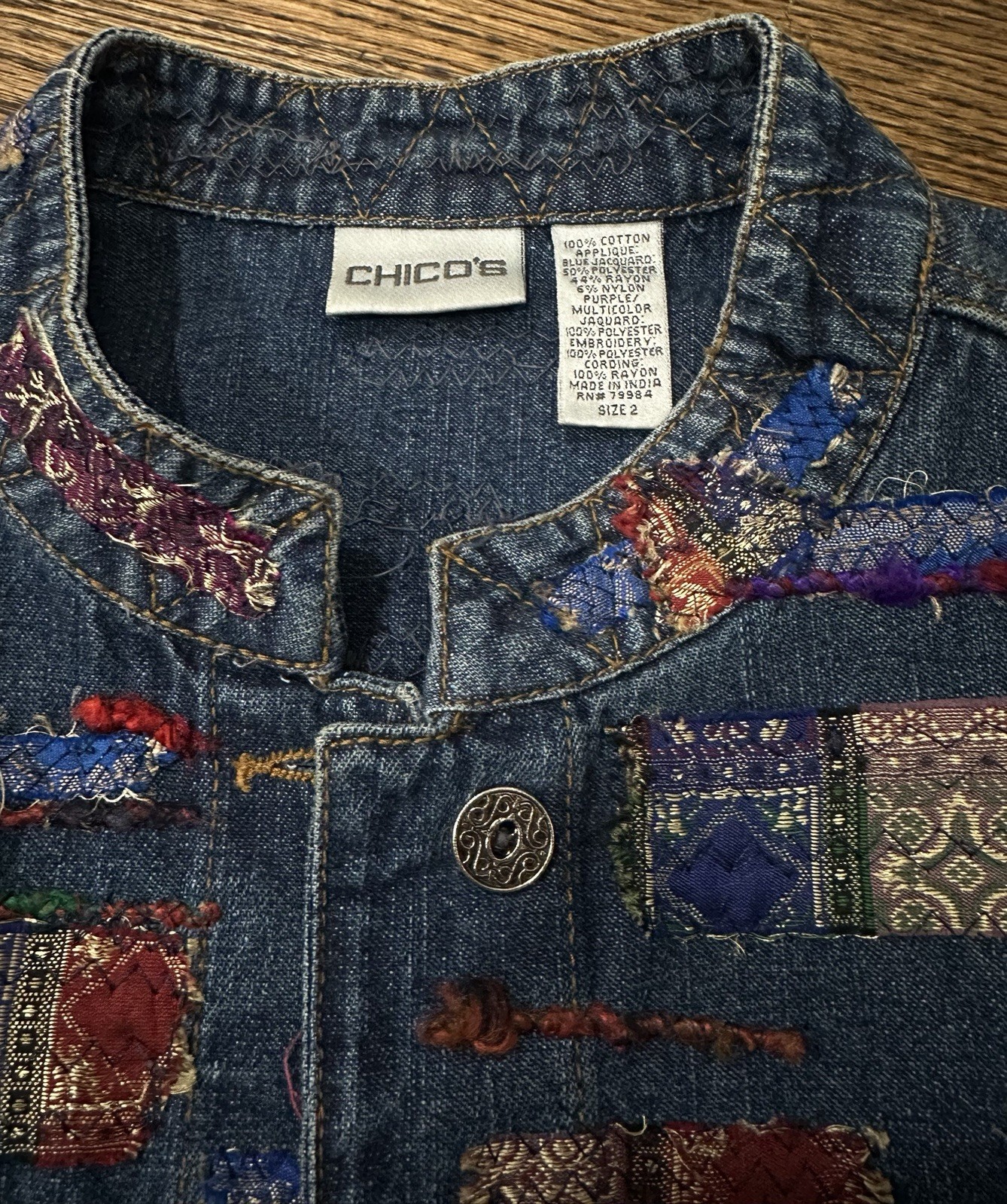 Chico’s Patchwork Denim Jacket Size 2 Embellished… - image 2