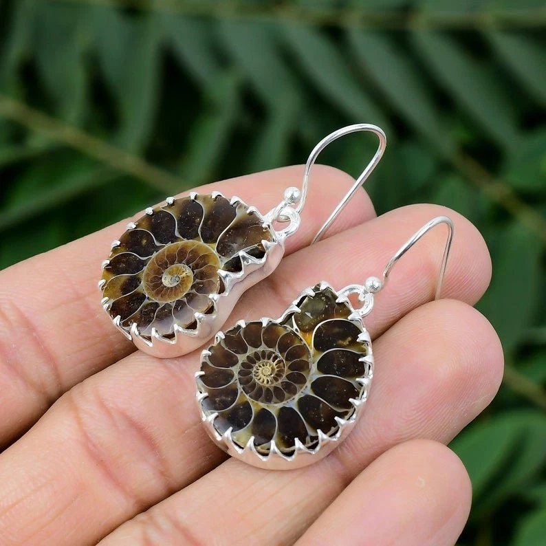 Ammonite Fossi Gemstone Handmade Dangle Earring 925 Sterling Silver Jewelry - Image 3 of 4