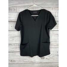 Mandala Black Vneck Scrub Top Small Pockets Stretch Nurse Medical Classic Solid