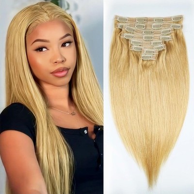 Glatt Clip in Extensions Echthaar，60cm 24 Zoll 8PCS 120g #27 HonigBlond Haarv...