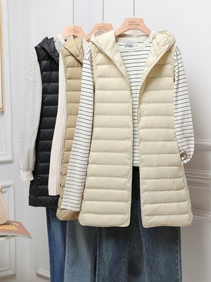 Thin and Lightweight Down Long Hooded Lightweight White Duck Down Vest
