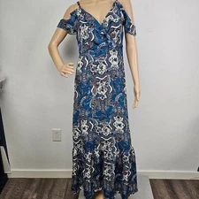 Xhilaration Boho Peasant  Dress Maxi Cold Shoulder Ruffle Hem Fit/Flare Sz M