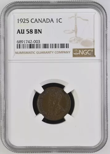 1925 CANADA 1C One Cent NGC Grade AU 58 BN - King George V -BT161