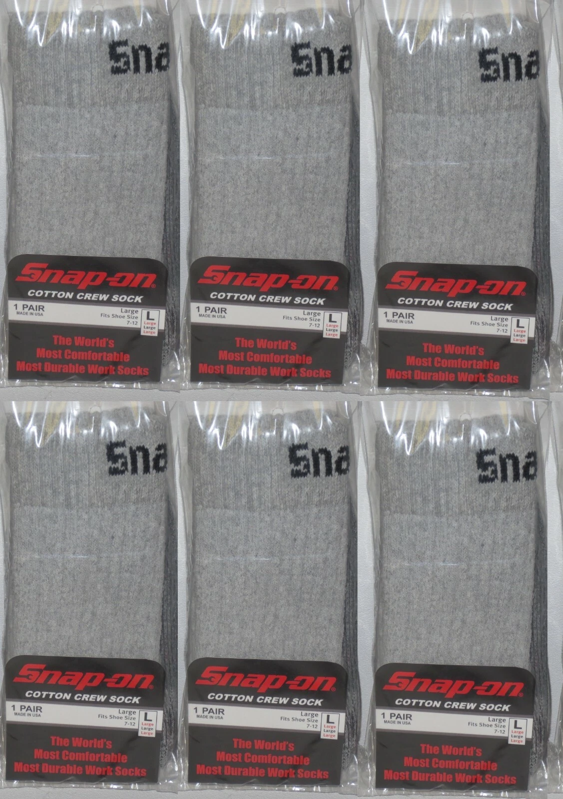 6 PAIRS = SNAP-ON Crew Socks, GRAY ~ LARGE ~ FREE SHIPPING ~ MADE IN USA *NEW*