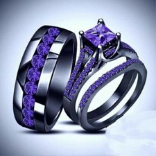 Conjunto de trío de oro negro de 14 quilates sobre zafiro azul su anillo de compromiso con banda nupcial