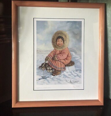 Nori Peter Canadian Artist  Anticipation  Inuit girl Wolf Ice fishing signed