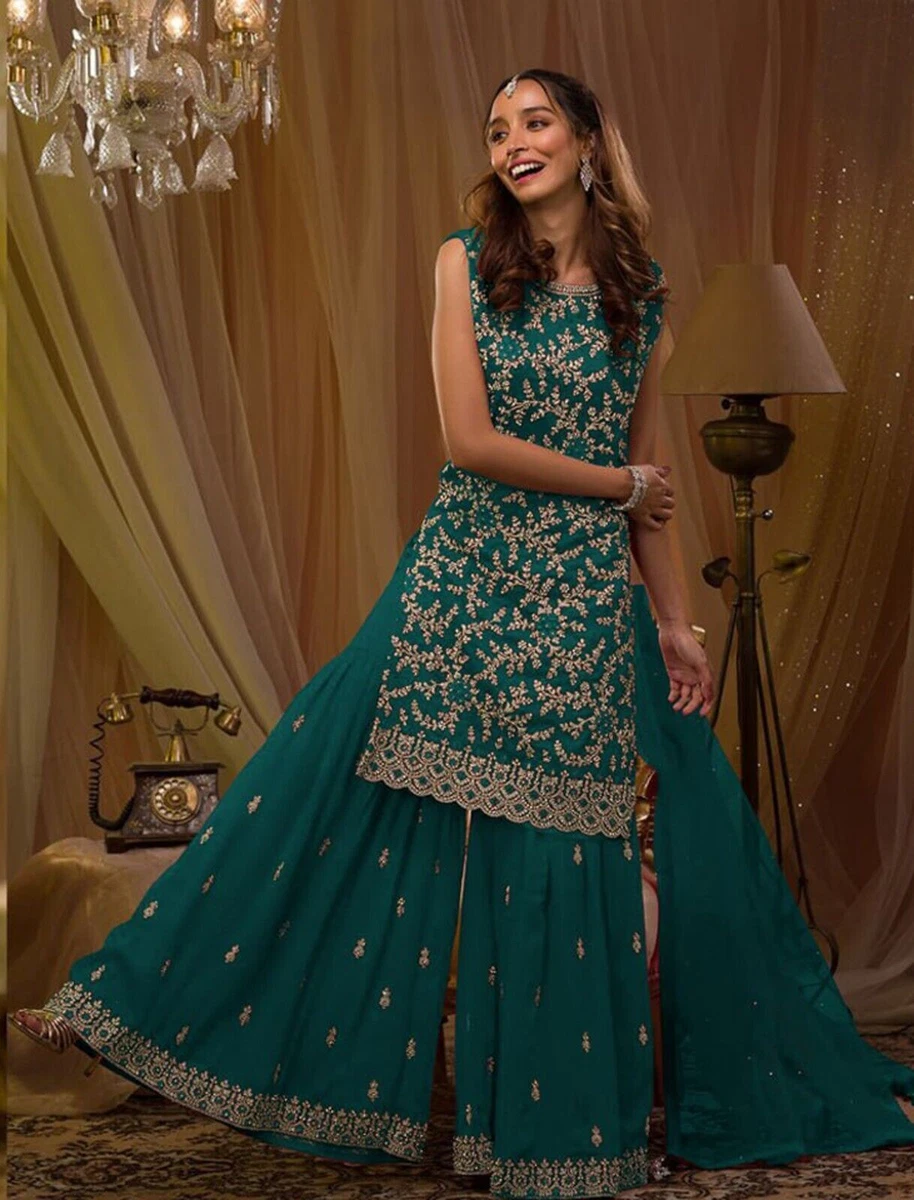 INDIAN DESIGNER SALWAR KAMEEZ PAKISTANI STYLE DRESS TEAL BLUE PLAZZO SUIT