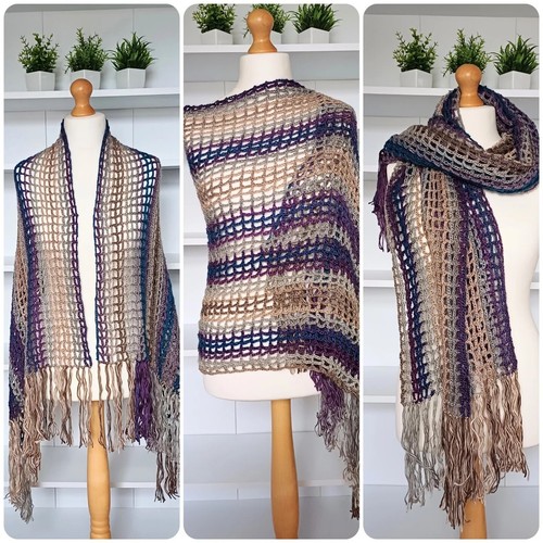 Crochet lace shawl wrap with tassels, 22 x 50 inches, 56 × 127 cm.