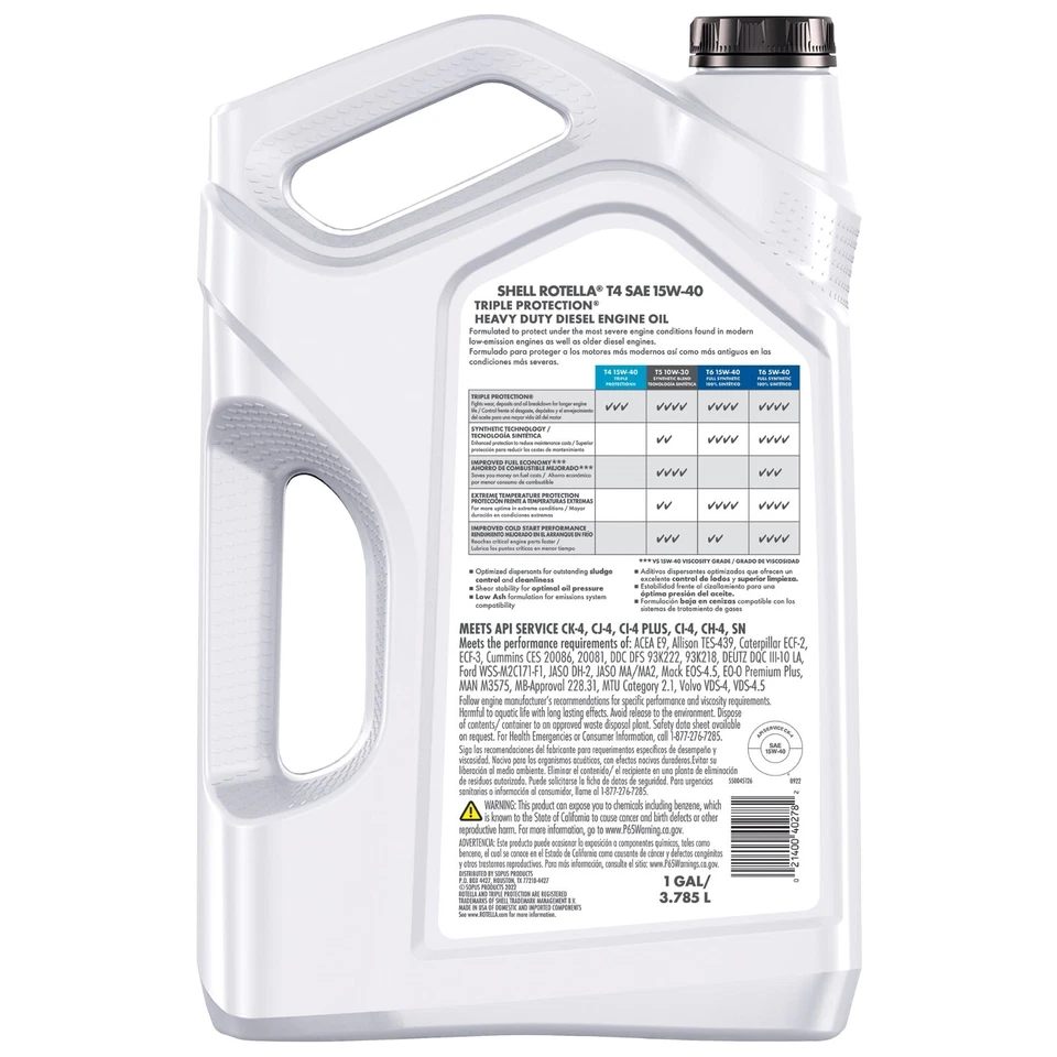(Paquete de 3) Aceite de motor diésel Shell Rotella T4 triple protección 15W-40, 1 galón Foto 2 de 2