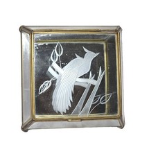 Vintage Brass Glass JEWELRY TRINKET BOX Etched BIRD Mirrored Footed Mexico