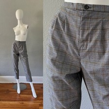Vintage High Waist Gray Plaid Pleated Tapered Trousers Capri Pants M