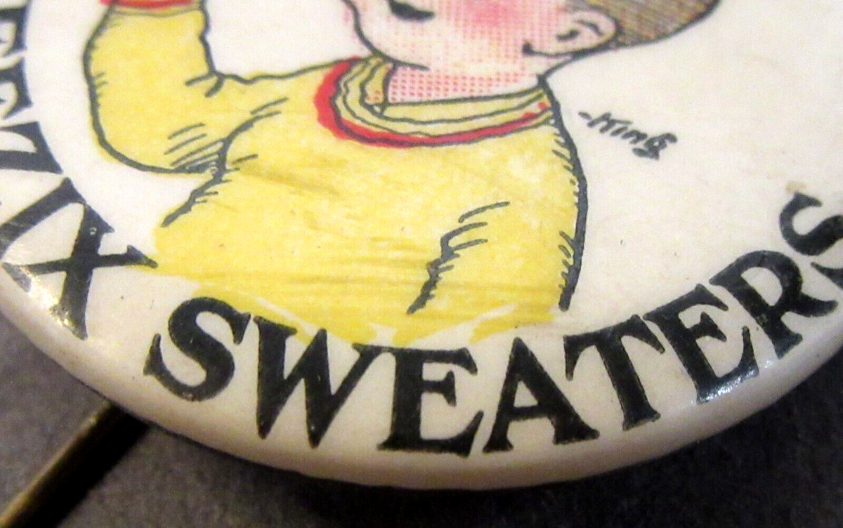 1930's I LIKE SKEEZIX SWEATERS comic strip advertising pinback