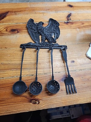 Vintage Cast Iron American Bald Eagle Figure Mount with hooks and Utensils