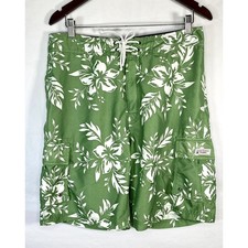 Planks Hawaiian Sz 32 Green Hibiskus Board Shorts Swimsuit Mens Swim Trunk Cargo