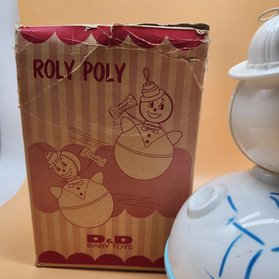 Vintage Roly Poly Clown Toy D&D Baby Toys Blue White 9" Plastic Wobbler In Box - Image 3 of 4