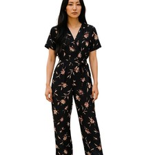 Active USA Floral Print Jumpsuit Wide Leg V Neck Black Casual Medium/Large NWT