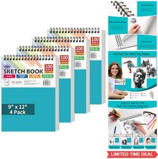 Sketch Book 9x12 4 Pack 400 Sheets Spiral Bound 100gsm Acid Free Drawing Pad