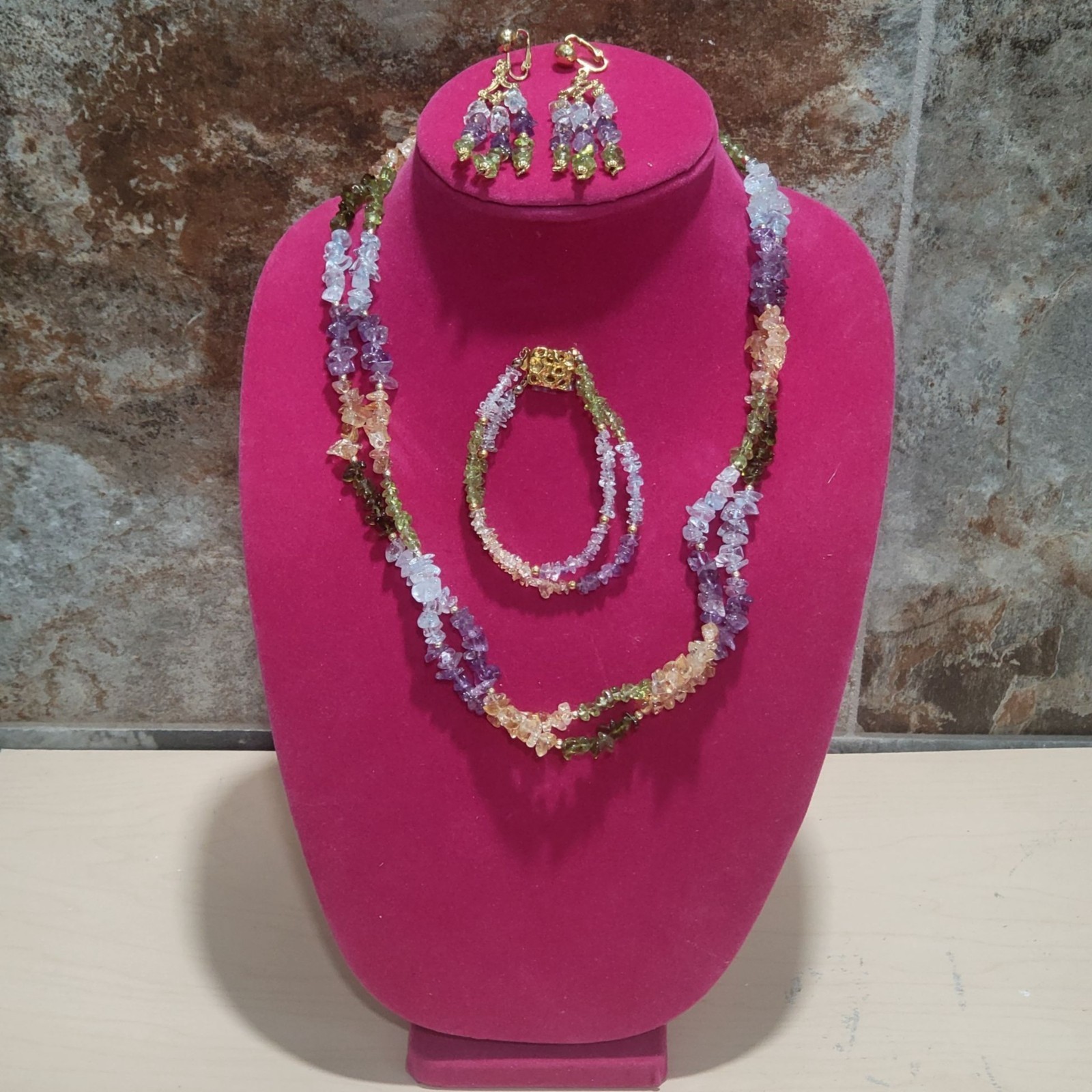 Multi Colored Gemstone Chip Necklace Bracelet Ear… - image 2