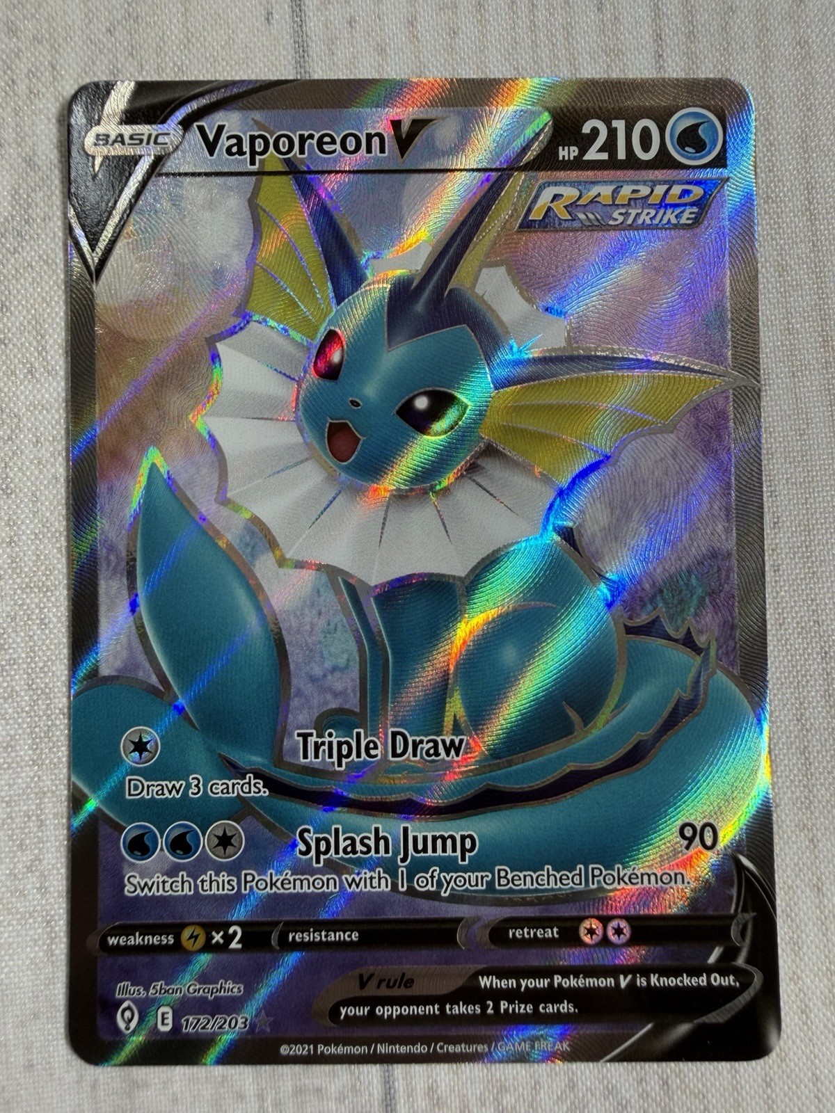 Vaporeon V 172/203 Evolving Skies Pokemon TCG Full Art Ultra Rare Holo NM