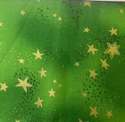 ''Enchantment'' star design by Laurel Burch for Clothworks, gold stars on green