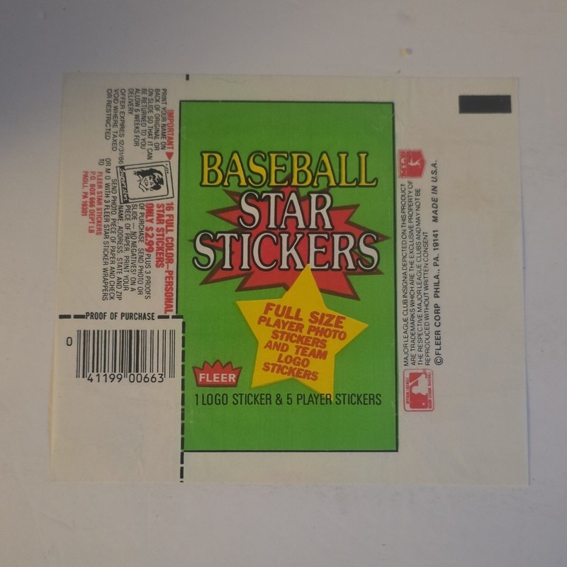 Fleer 1986 Baseball Star Stickers MLB Empty Card Wrapper Packaging