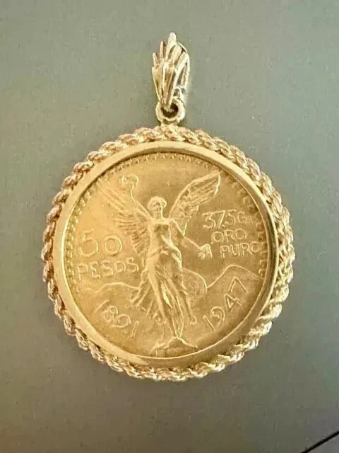 "50 Pesos Moneda Mexican Centenario Custom Year" Pendant 14k Yellow Gold Plated - Image 3 of 4