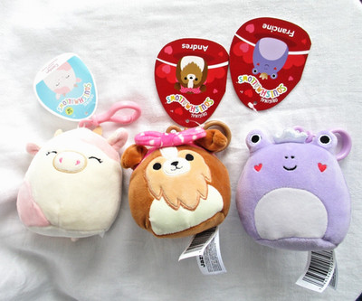(3) Squishmallows Caedyn Cow, Andres Dog, Frog Backpack Clip
