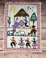 Vintage Peruvian Alpaca Handmade Hanging Tapestry Textile Embroidery Nativity