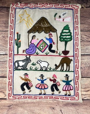 Vintage Peruvian Alpaca Handmade Hanging Tapestry Textile Embroidery  Nativity